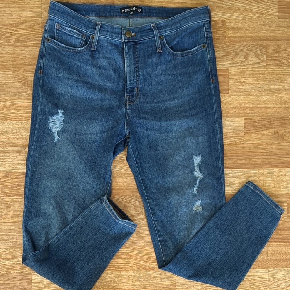 J CREW Mercantile Blue Distressed Skinny Straight Jeans, Size 30